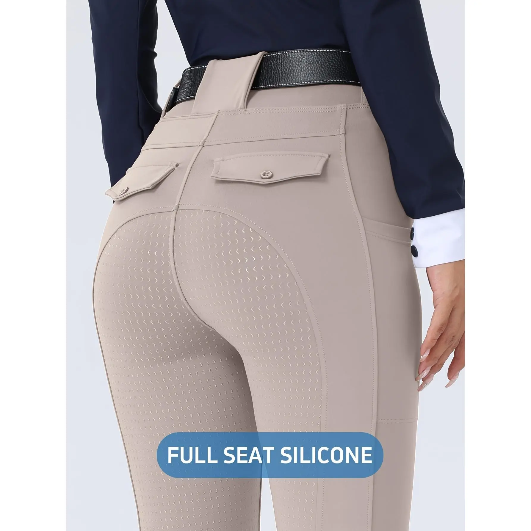 Women's Full Seat Equestrian Riding Pants - Female Elastic Tummy Control Tights with Silicone Anti-Wear, Quick-Dry, and Dual Side Pockets, Elasticity