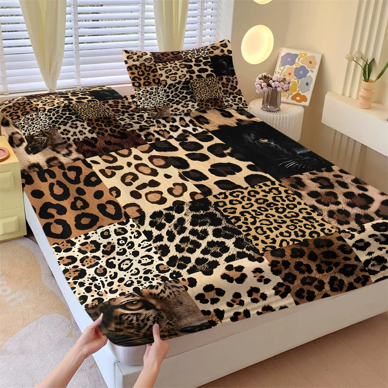 Patchwork Leopard Print Black Panther Personality Print Fitted Sheet Set-High Elastic Soft Ultra-Fine Fiber Mattress Protector-Wild Vintage Checkered Bedding-Ideal for Retro Bedroom Trendy Boys Dorm Decor