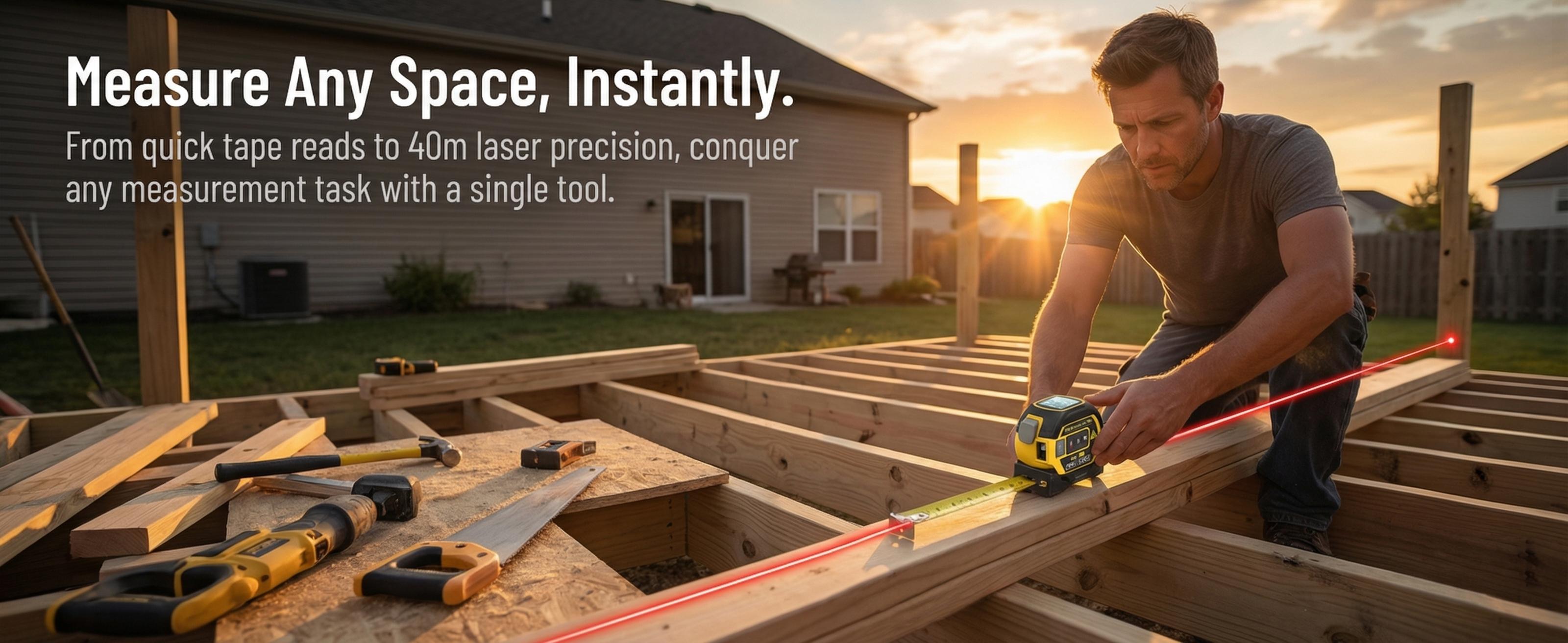 2-in-1 Laser Measuring Tool| 5m Self-Locking Tape + 40/50/60m Laser Distance Meter with LCD Display for Construction & Layout