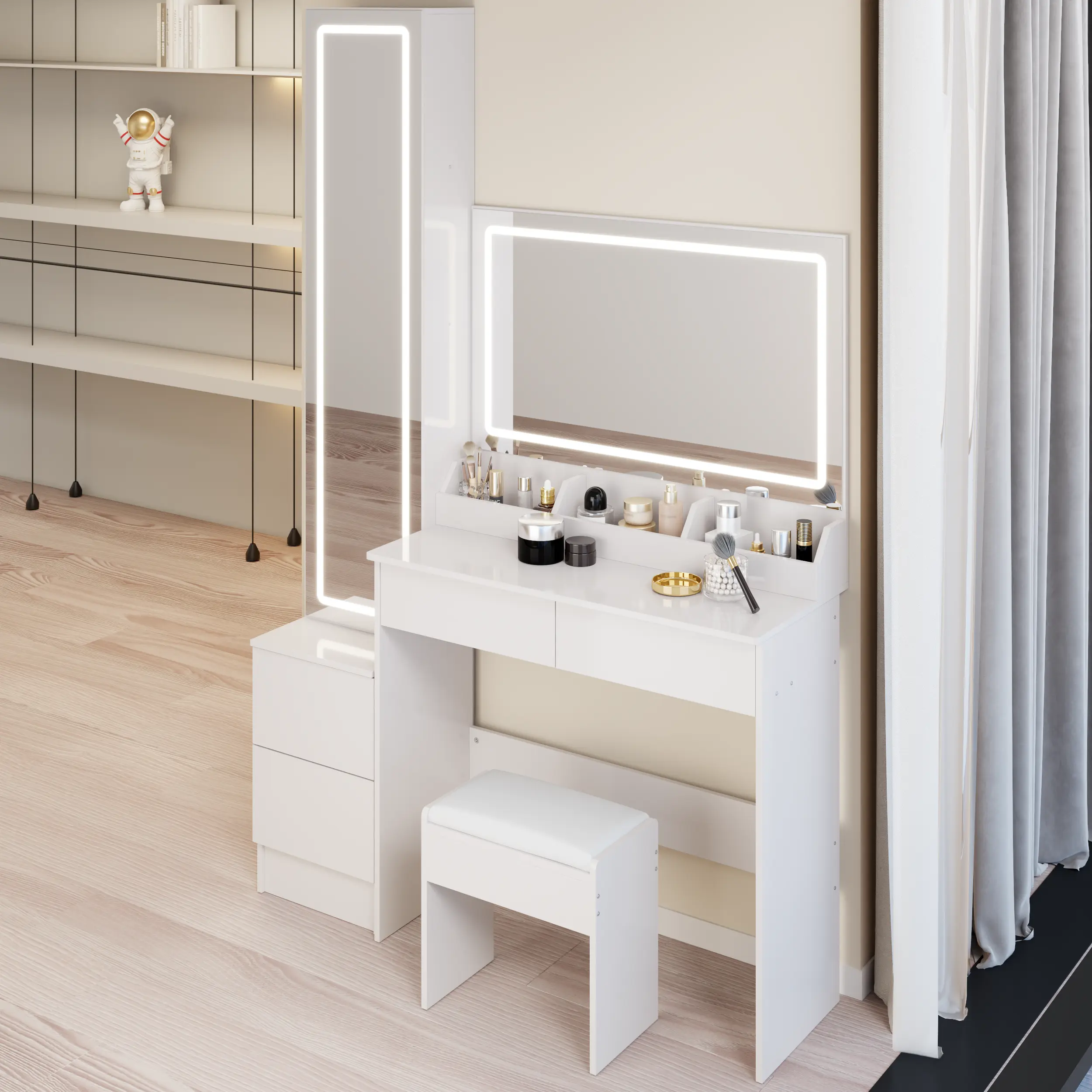 ARCH Extra Large LED Mirror Vanity Table Set with Full Body Mirror Cabinet and Cushioned Stool, Touch Control 3-Color Dimmable Lights, Multi-Layer Storage, White MDF American Design Dressing Table for Bedroom Makeup Room, White Color Options