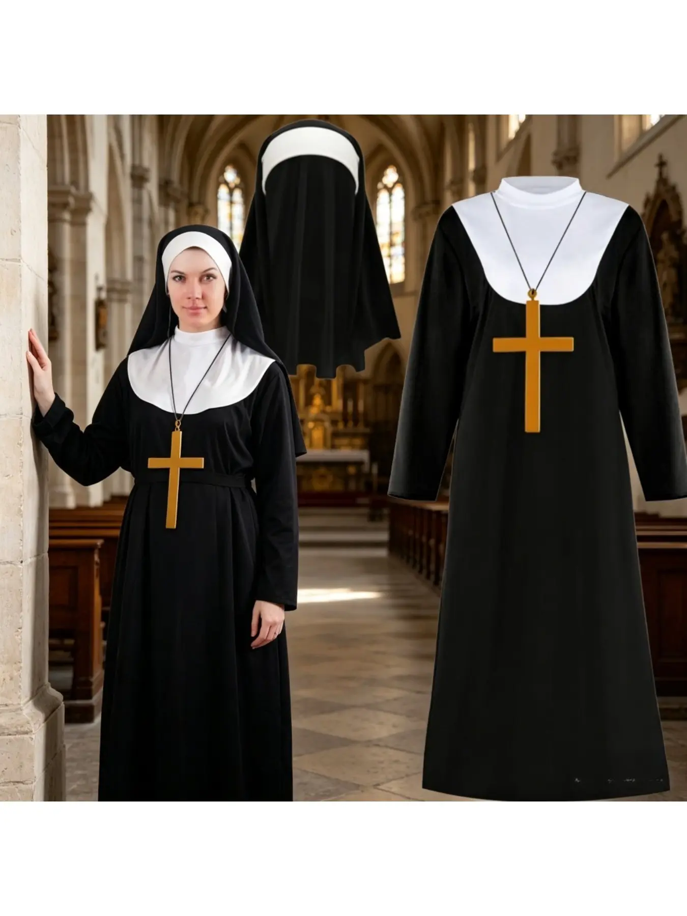 Costumes Accessories Missionary Priest Robe & Virgin Mary Nun Costume Complete Outfit with Headscarf and Cross Cosplay Accessory for Cosplay Party & Stage Performance Clothes