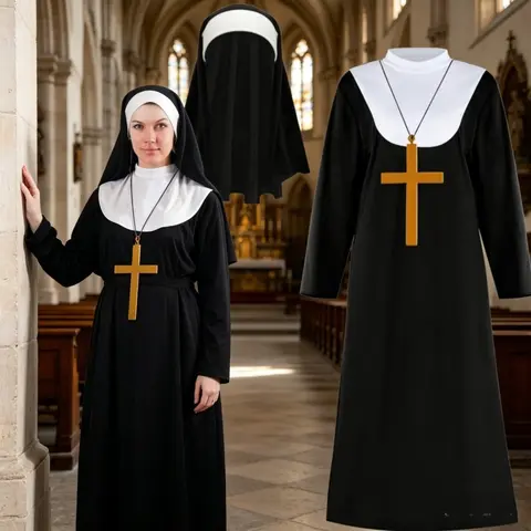 Nun Costume Complete Outfit, Black Robe with White Collar, Headscarf & Gold Cross Necklace, for Cosplay Party & Stage Performance Clothes