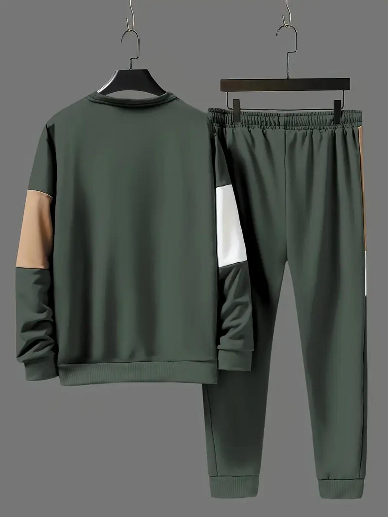Men's color blocked 2-piece set, casual round neck long sleeved sweatshirt and sweatpants jogging pants set for winter and autumn, men's clothing