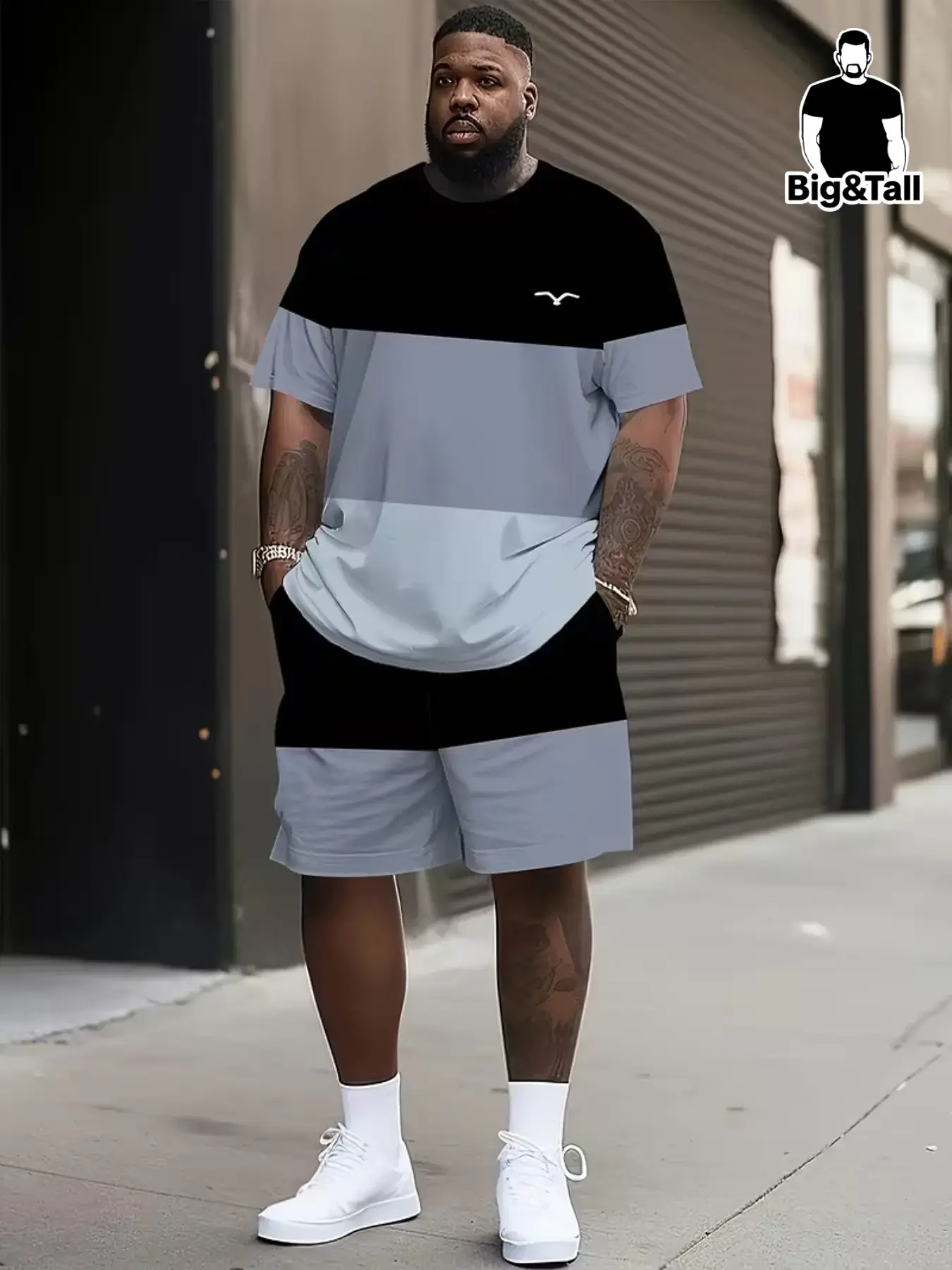 Men's Summer Casual Set, Fashionable Striped Design, Outdoor Activities, Loose-Fitting Short Sleeve, Round neck, 2 Piece Large Size