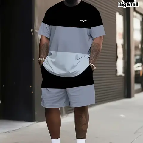 Men's Summer Casual Set, Fashionable Striped Design, Outdoor Activities, Loose-Fitting Short Sleeve, Crewneck, 2 Piece Large Size