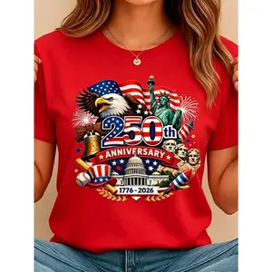 Women's Crew Neck Summer Tee USA 250th Anniversary Patriotic Print Regular Fit Top Perfect For National Celebrations & Daily Casual Wear & Leisure Outings