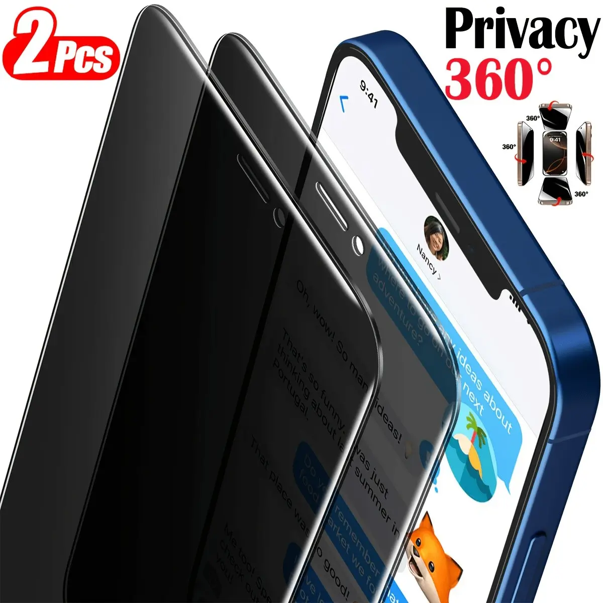 2-Pack 360° Anti-Spy Protective Tempered Glass Screen Protector for Apple iPhone 17/16/15/14/13/12/11 Pro Max, Full Screen 2.5D Edge Anti-Fingerprint Privacy Film