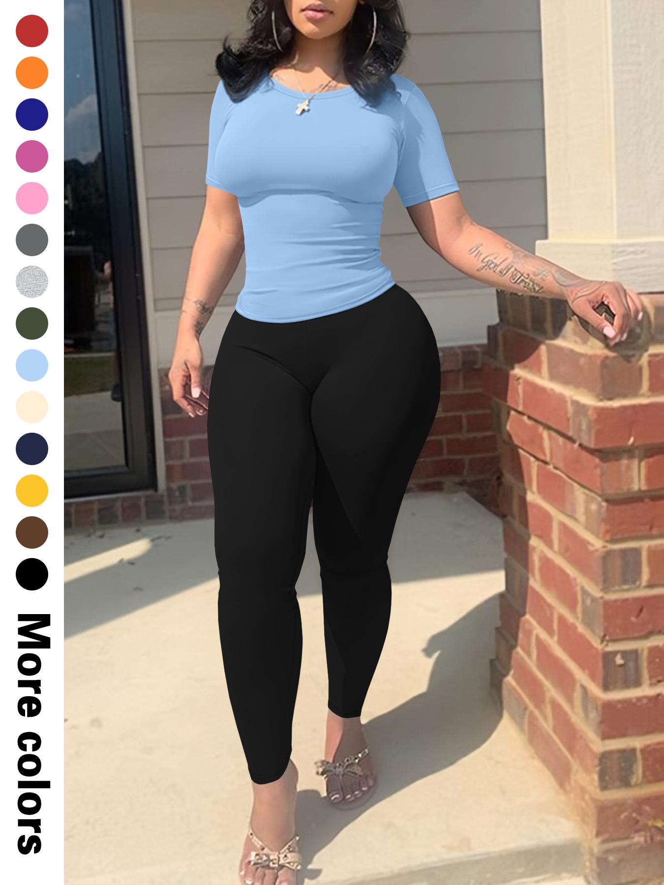 Women's Solid Top & Legging Two-piece Set, Casual Fashion Cozy Breathable Two Piece Outfits for Daily Wear, 2 Piece Sets Women, Ladies Summer Clothes, Workout Running Clothes, Yoga Gym Outfits, Athleisure Wear Set