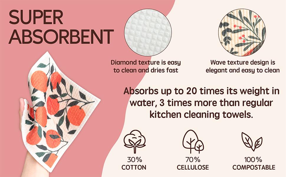 Swedish Dishcloths for Kitchen 5 Pack Super Absorbent Reusable Paper Towels Washable Biodegradable Quick Drying Dishwasher Safe Compact Design Cleaning Wipes