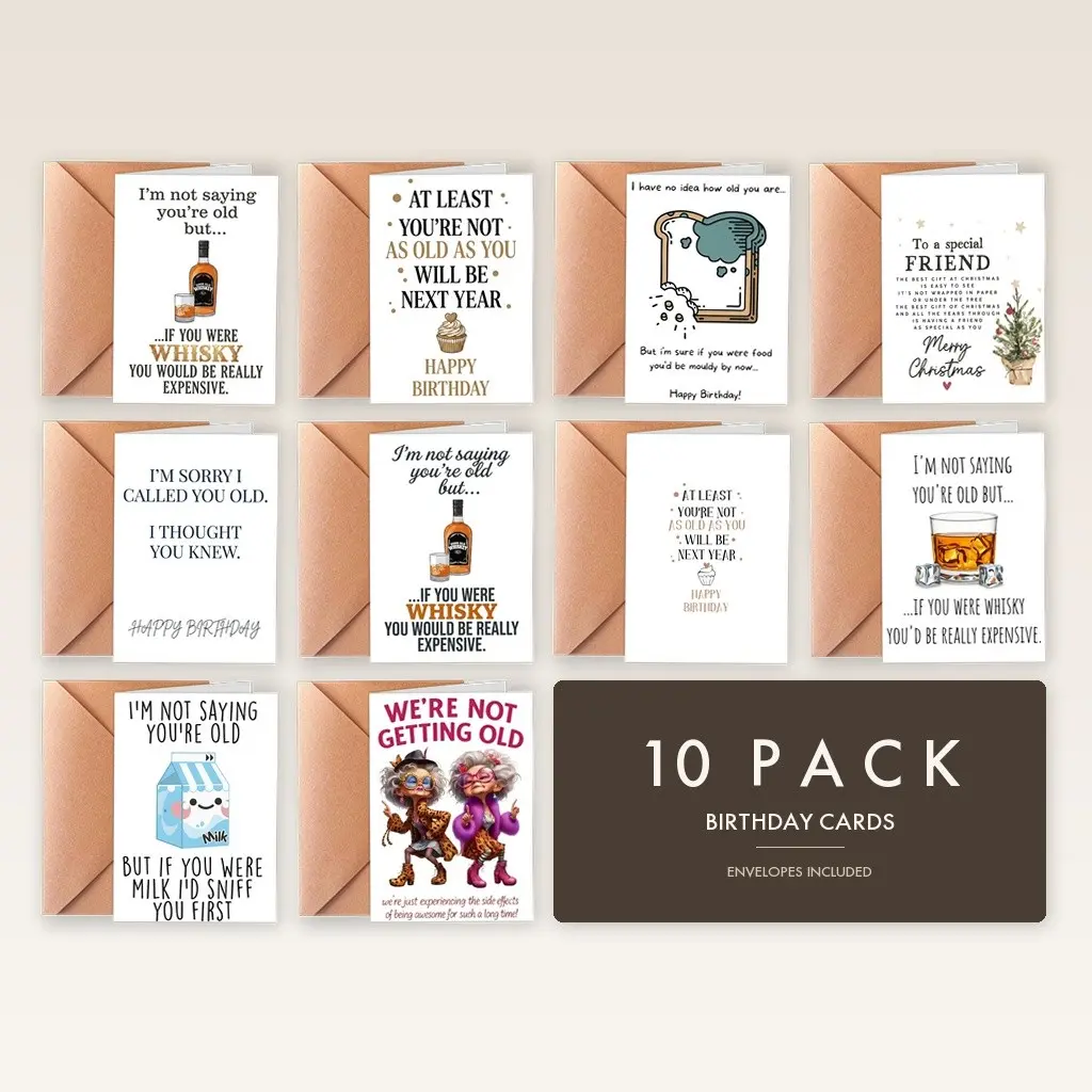💥 Savage Roasting! 😂 10 Cards Sarcastic Birthday Gag Assortment Pack, for Men Women Office Colleagues Best Friend and Family with Matching Premium Kraft Envelopes (5x7 Inches) ✉️, High Quality 300GSM Heavyweight Cardstock Paper Board