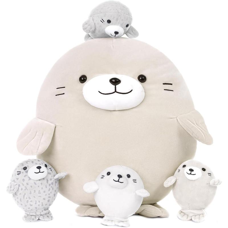 5Pcs Fat Seal Plush with 4 Babies Inside - 20" Giant Ultra Soft Seal Stuffed Animal Throw Pillow - Squishy Mother-Babies Collection Gift for Seal Lover,Kids,Boys, Gray