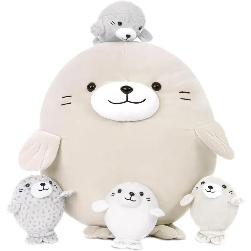 5Pcs Fat Seal Plush with 4 Babies Inside - 20" Giant Ultra Soft Seal Stuffed Animal Throw Pillow - Squishy Mother-Babies Collection Gift for Seal Lover,Kids,Boys, Gray