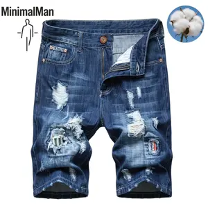 Men's Cotton Distressed Ripped Denim Shorts, Patchwork Destroyed Knee Length Casual Bermuda Jean Shorts