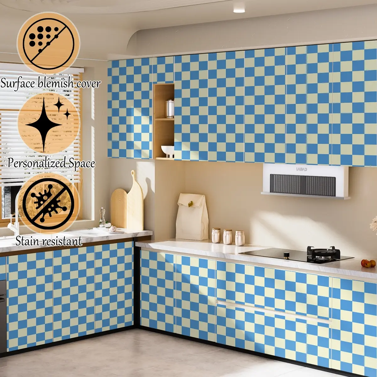 Peel and Stick PVC Wallpaper, Blue Yellow Plaid Check Pattern Self Adhesive Wall Paper, Removable Decor for Bedroom Living Room Office