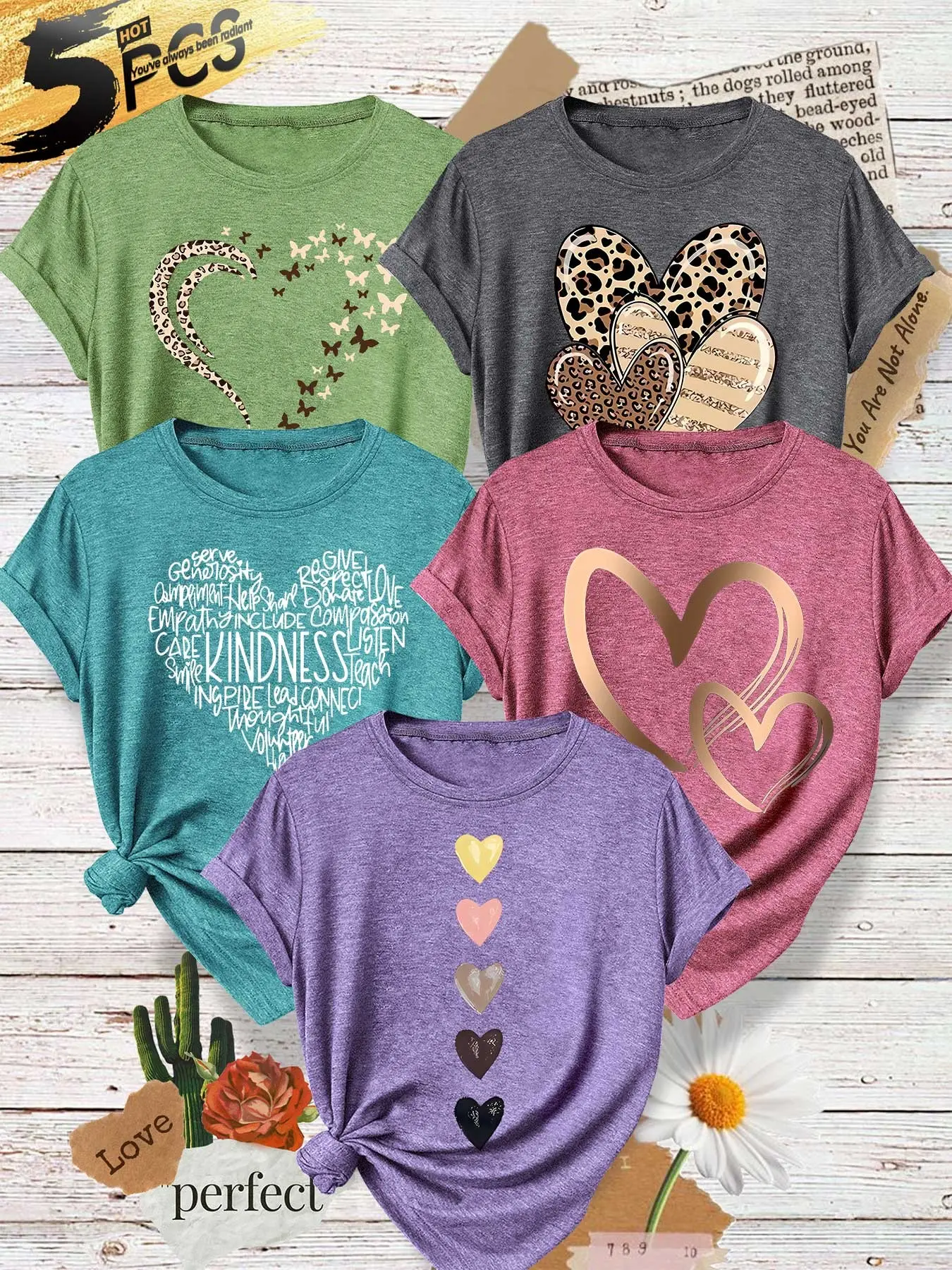 Five-Piece Women's Round Neck T-Shirts, Metallic Heart Print, Soft Fabric, Casual Summer Top, Fashion Design