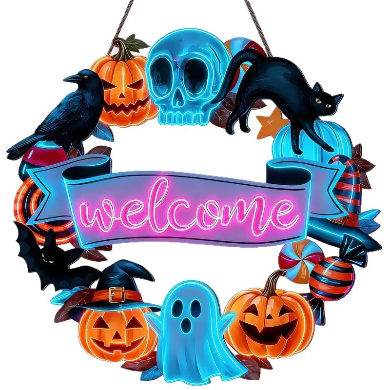 2D Neon Halloween Wooden Welcome Sign, Spooky Skull Black Cat Pumpkin Ghost Wreath Hanging Door Plaque, Gothic Fall Front Door Wall Hanger Decor, Halloween Party Home Porch Holiday Crafts Ornament
