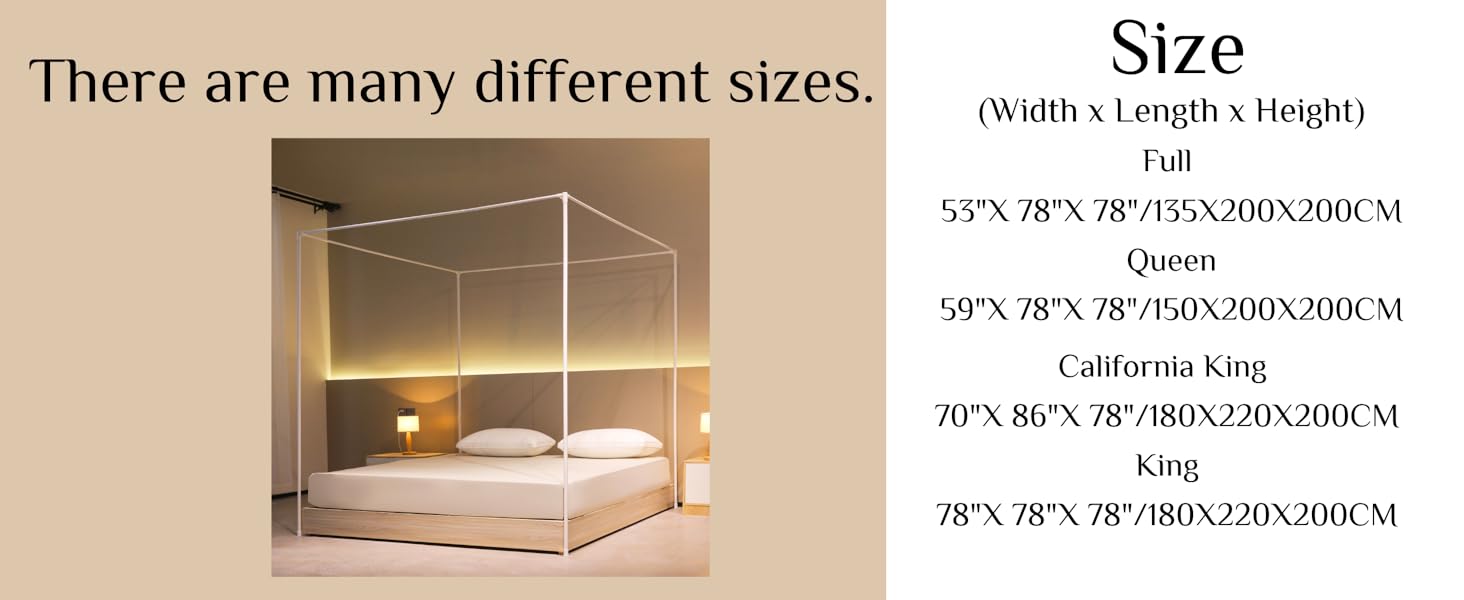 Queen Bed Frame - White Bed with Four Poster Frame, Net and Bed Curtains for Indoor or Play Tent