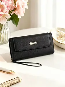 Women's Long Wallet, Ladies Wallet, PU Leather Lychee Texture, Large Capacity Card Holder with Wrist Strap, Minimalist Metal Plate Handbag, Fashion Daily Bag, Gift for Women