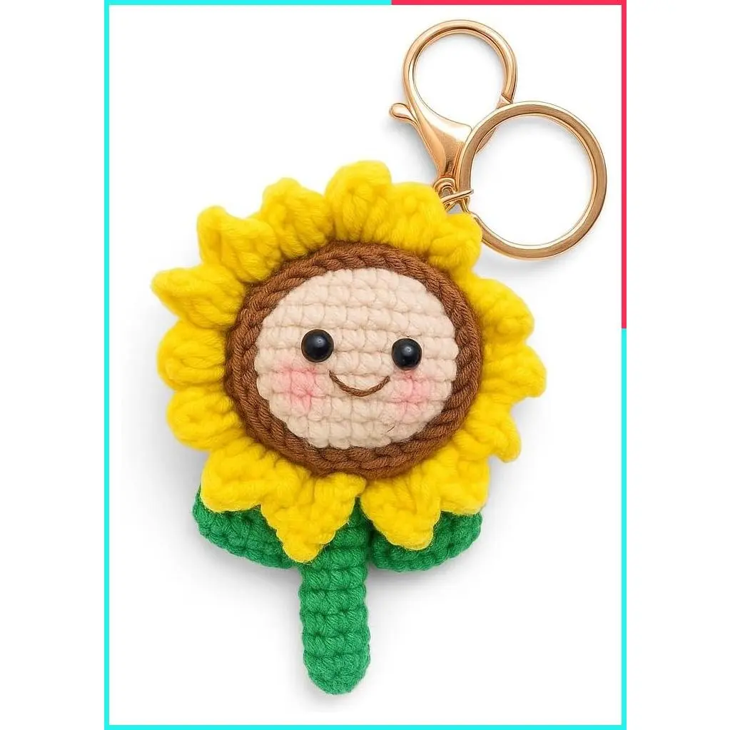 Handmade Crochet Sunflower Keychain - Cute Purse Charm for Women & Girls, Smile Car Key Chain Gift