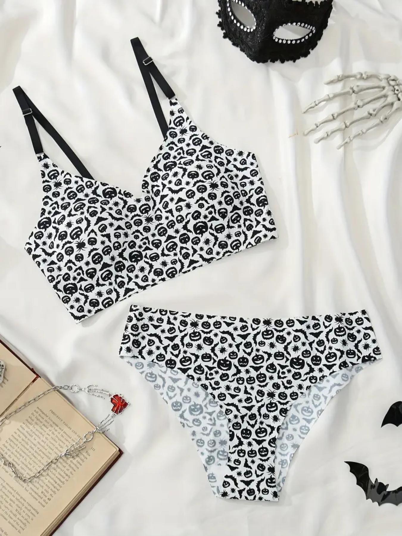 Three-Piece Set Women's All Over Print Wireless Bra & Panty Two-Piece Set, Adjustable Strap Lingerie Set, Soft Comfy Breathable Underwear Set for Women