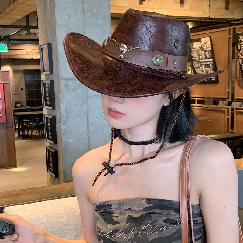 1PC This Jazz Hat  Its Unique Texture Design  Features A Distinctive Bull Head Belt with Riveted.Instantly Catches The Eye And