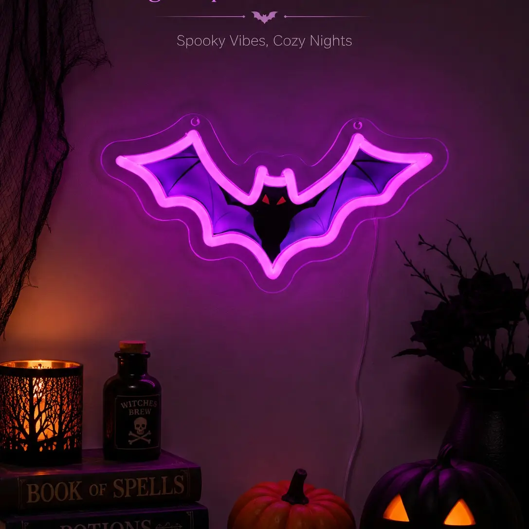1pc Bat Neon Sign, Halloween Style LED Wall Light, Purple Pink Acrylic Hanging Decor with Bat Wing and Red Eye, USB Powered Porch Lamp, Decorative Wall Light for Bedroom, Entryway, Party Room, Gift for Halloween Fans and Seasonal Wall Decor