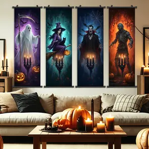 4 Count Halloween hanging picture, white ghost witch and vampire zombie horror poster, retro poster Halloween decoration, horror theme, eerie atmosphere, suitable for garden party, bedroom living room decoration, holiday gift box, waterproof and tastless