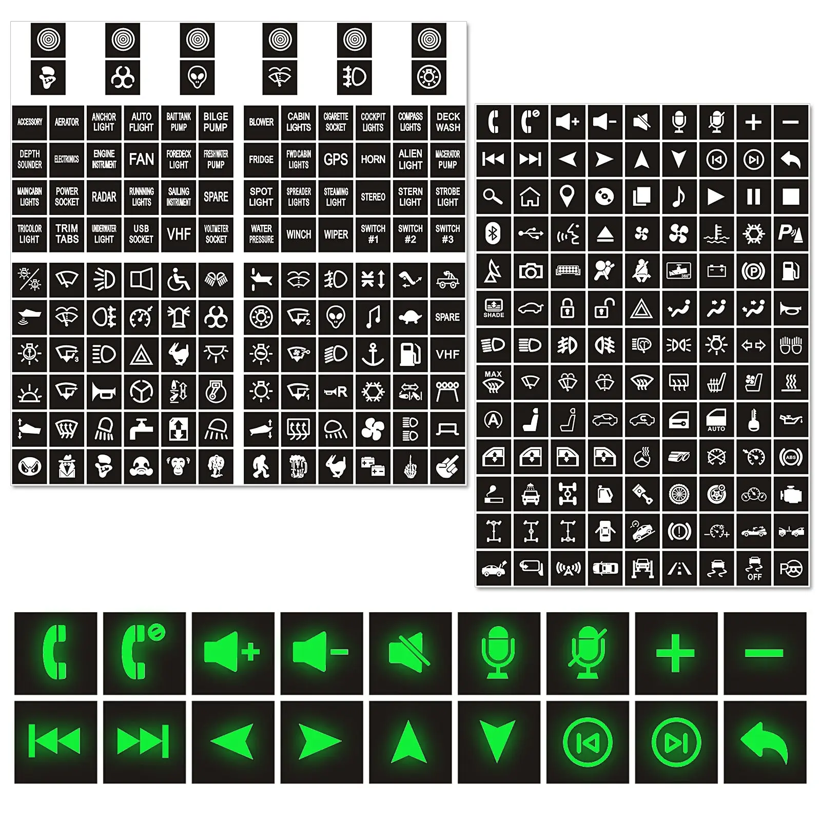 Nilight 249PCS DIY Set Glowing Labels with Simple Icons - Night Glow for Night Driving, Compatible with Cars/RVs/Boats Rocker Switch Panel Dashboard Toggle, Car Interior Accessories