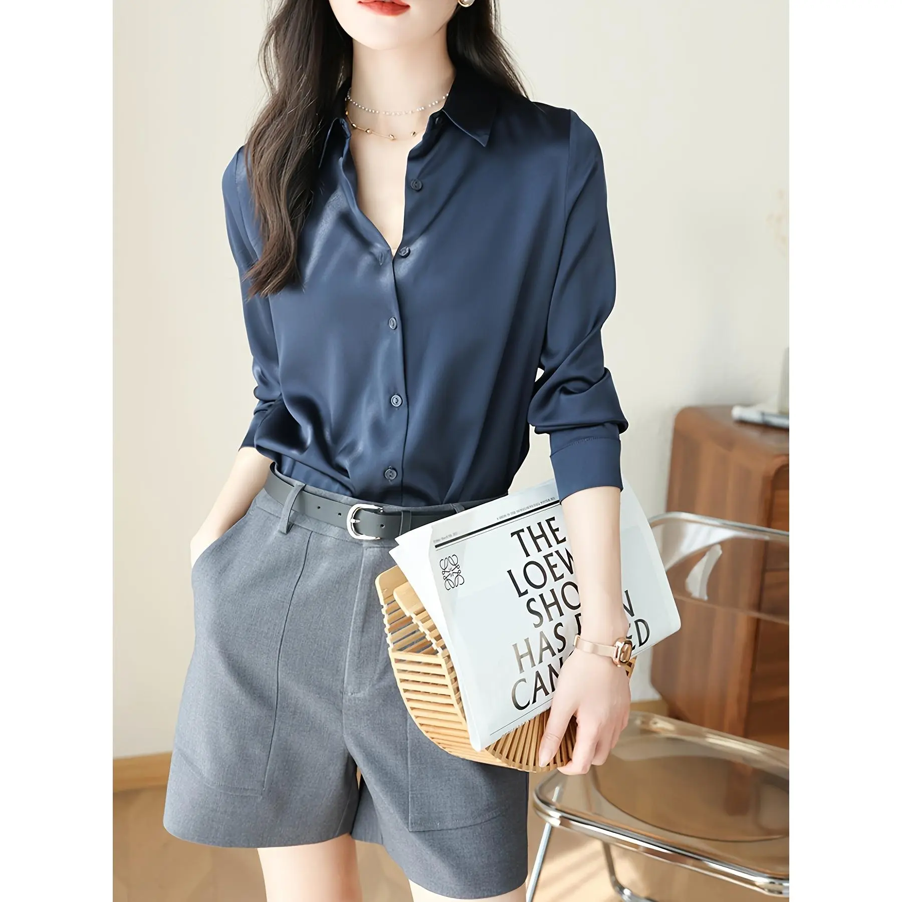 2025 New Arrival Coffee-colored Top, Lightly Mature French-Style Niche Satin Shirt for Women, Designer-Inspired High-End Blouse, Suitable for Petite Figures