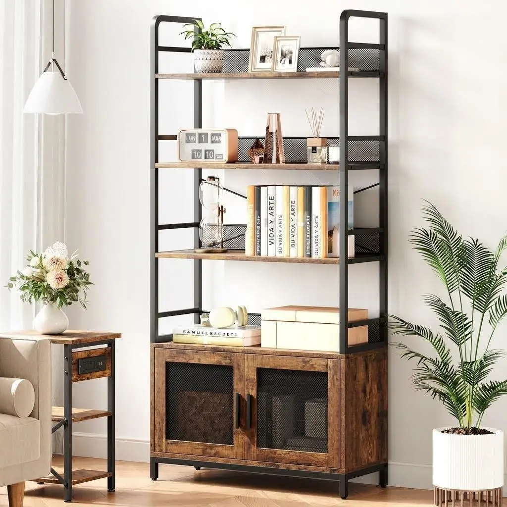 70.87 Inch 4-Tier Industrial Storage Bookcase with Mesh Doors, Rustic Open Closed Shelving Cabinet with Adjustable Feet for Home Office Bedroom, Shelves For Bedroom, 70.87” H X 31.5” W X 12” D