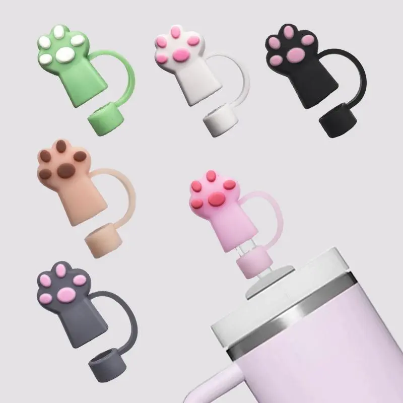 Paw-Shaped Reusable Silicone Straw Toppers, 6-Piece Multicolor Sturdy Cat Set with Anti-Lost Loop, Dustproof Protection for 6-8mm Coffee Straws, On-the-Go Tumbler Drinkware Covers, Kawaii