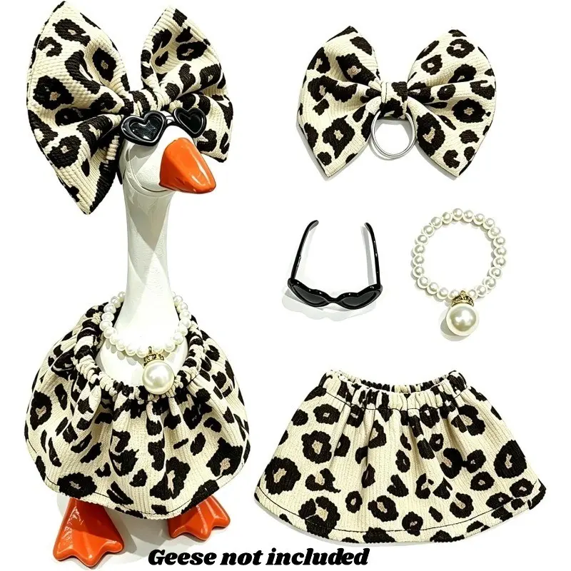 7-Inch Mini Goose Statue Costume Set with Bow, Necklace & Leopard Print Dress, Cute Ornament Desktop Home Office Decor (Goose Not Included)