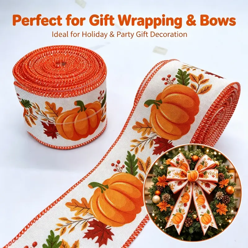5yd/63mm(2.5inch) Wired Ribbon Fall Harvest Thanksgiving Orange-yellow Berry Maple Leaf Bow Ribbon Bouquet Wrapping Handmade DIY Gift Wrapping Floral Decor Holiday Decor