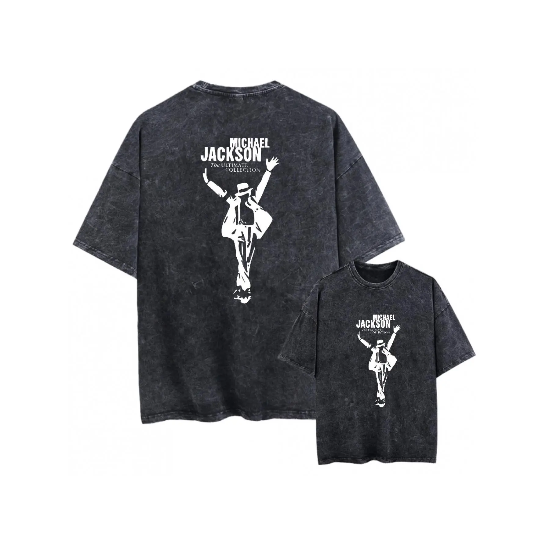 Vintage Washed Double Sided Crew Neck Short Sleeve Tee for Men, Michael Jackson The Ultimate Collection Moonwalk Dance Silhouette Retro Pop Singer Graphic Slight Stretch Oversized Casual Streetwear Tops for All Seasons Daily Outfit