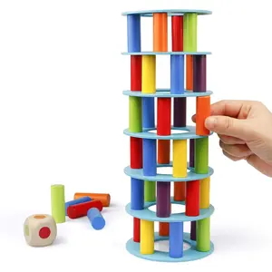 Wooden Tower Stacking Game, Fine Motor Skill Montessori Building Blocks with Dice Toppling Leaning Tower Toy Party Family Games for Kids and Adults