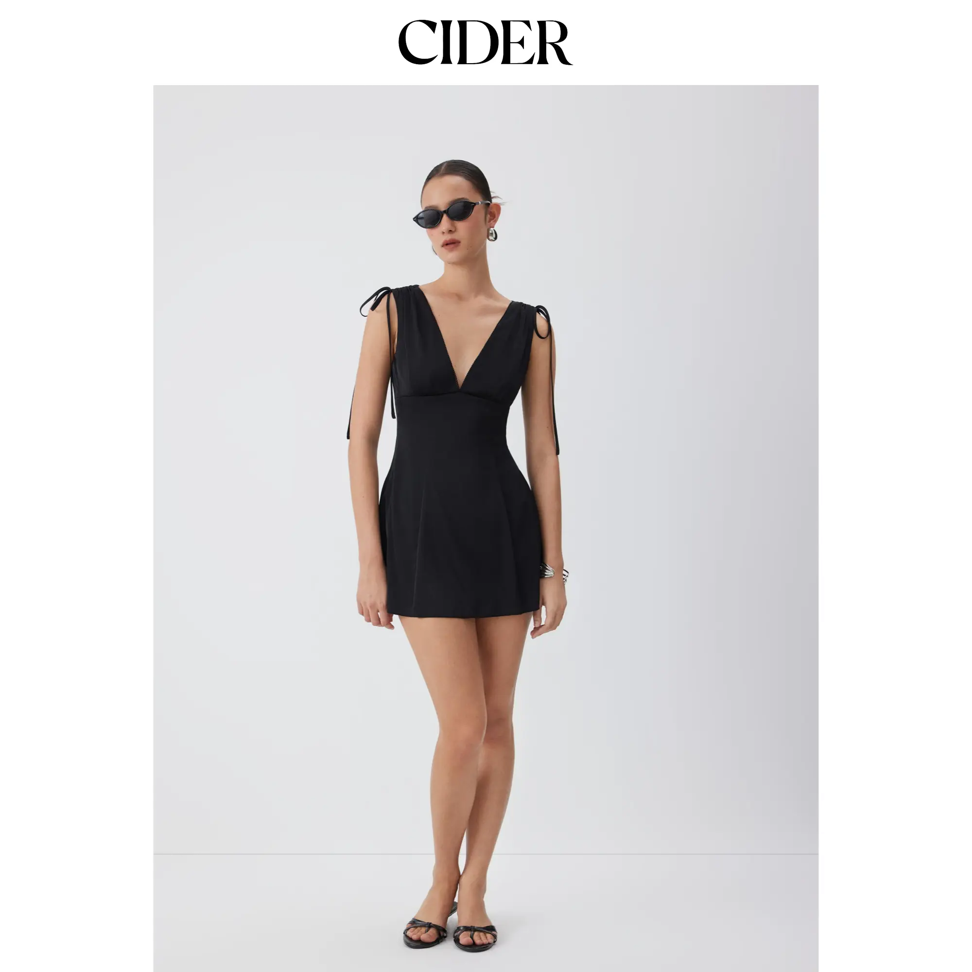 Cider Satin V-neck Drawstring A-line Mini Dress