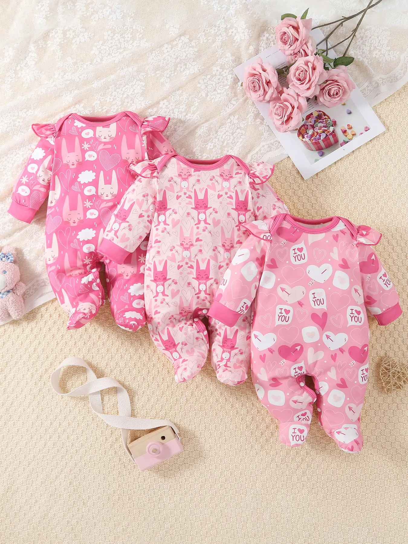 Baby Crawling Suit Set, Cute Rabbit and Heart Arrow Prints, Soft Comfortable Fabric, Full Foot Coverage, Easy Care Snap Closure
