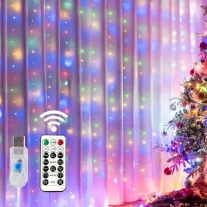Window Curtain String Lights, 300 LED 8 Lighting Modes Fairy Copper Light with Remote, USB Powered Waterproof Christmas Bedroom Party Wedding Home Garden Wall Decorations, Multicolor