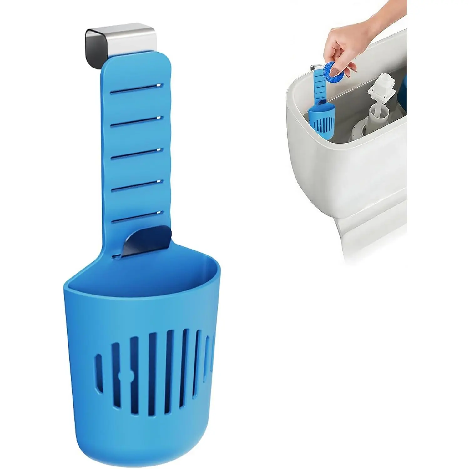 Modern Adjustable Wall-Mounted Toilet Tank Tablet Holder, Hanging Controlled-Release Bleach Tablet Dispenser, Large Silicone Basket Carrier with Rustproof Hooks, Fits Up to 7" Water Level (Blue Bathroom Accessory) bathroom gadget