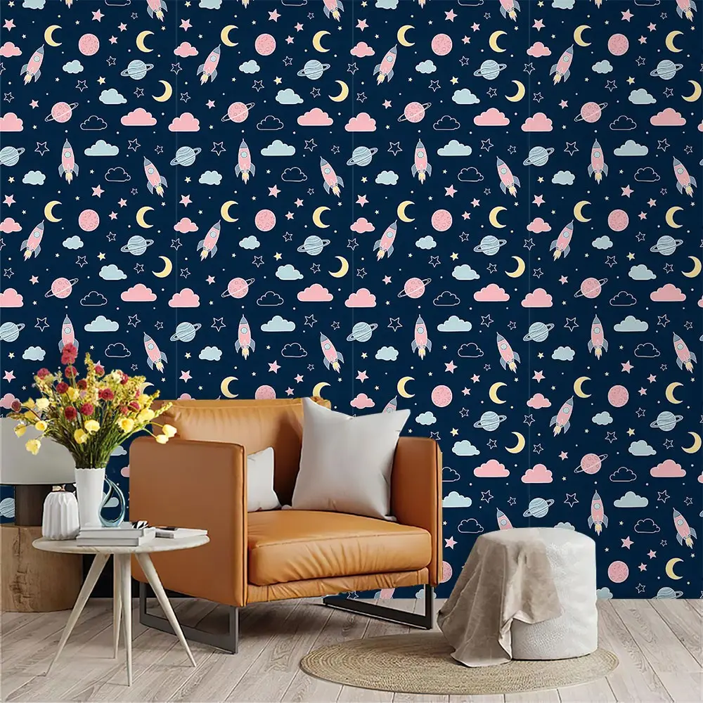 Cartoon Space Element Wallpaper, Deep Blue Night Sky Pattern, PVC Material, Peel and Stick, Ideal for Kitchen/living Room/bedroom Decor