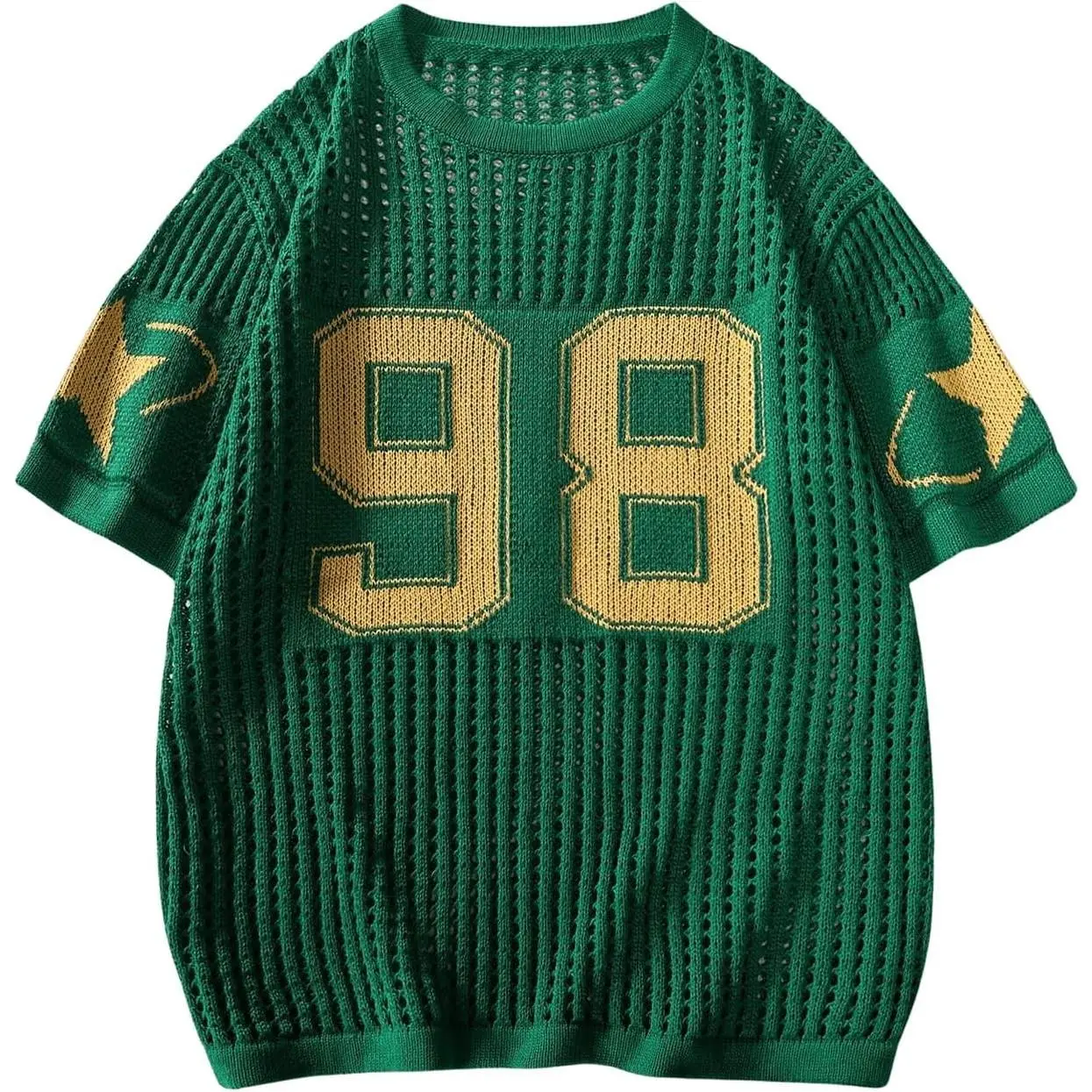 Women's Y2K Jersey Shirts Oversized Number Crochet Hollow Out Jersey Tee Sweater Crew Neck Short Sleeve Knit T Shirts