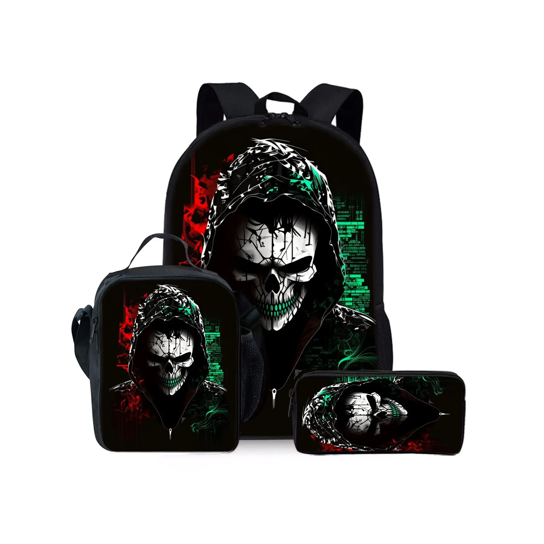 3-Piece Polyester Skull Print Unisex Large Backpack Set, Dark Streetwear Graphic School Bookbag with Matching Lunch Bag & Pencil Case, Gym Travel Bag for Teens