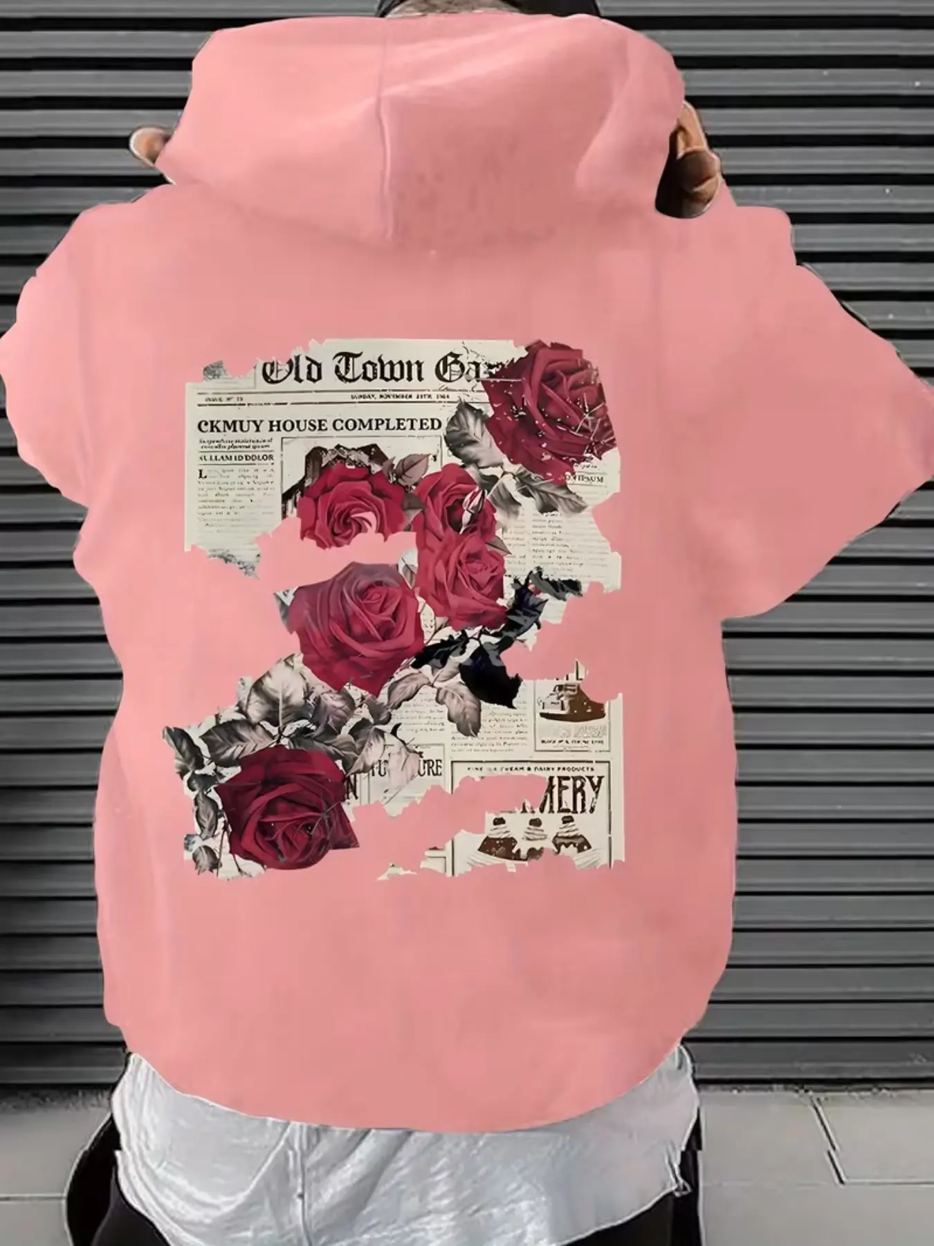 New Rose Print Casual College Style Fleece Drawstring Sweatshirt with Kangaroo Pocket, Hooded Pullover, Streetwear, Hip Hop Retro, Gift Idea