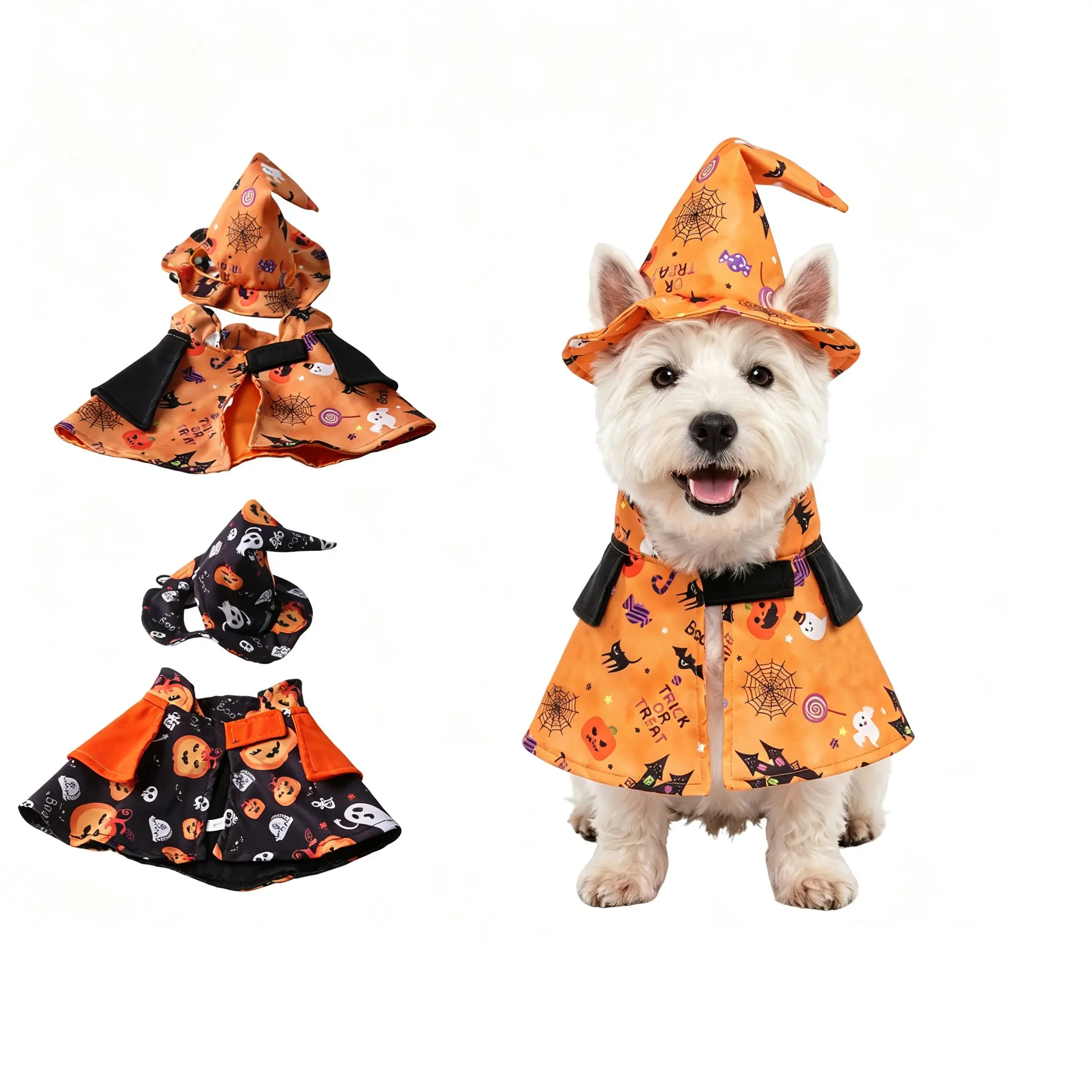 2 Pcs Cat Dog Pumpkin Costume,Cat Wizard Costume Cape with Adjustable Witch Hat for Small Puppy Kitten Halloween Dress Up Party
