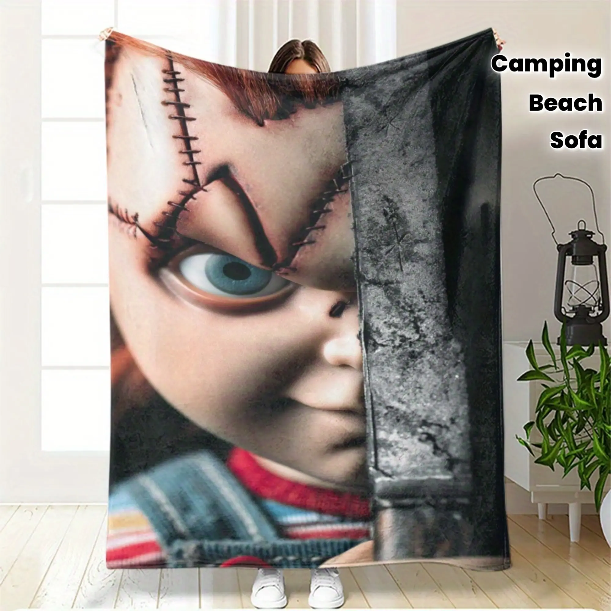 Chucky Horror Movie Flannel Blanket. Horror Doll Theme Design HD Printed Nap Blanket, Multi-Purpose High-Definition Outdoor Beach Camping Indoor Sofa Pet Office Throw Flannel Decorative Living Room Cover