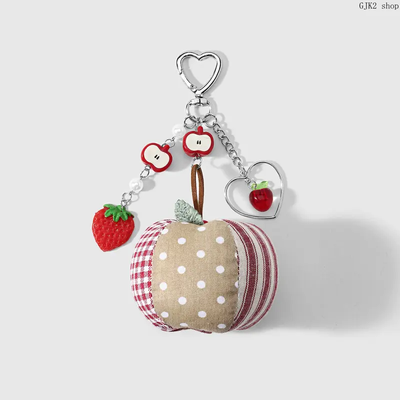 Cute Fabric Apple Bag Charm, Strawberry Cherry Pendant Heart Carabiner Sweet Backpack Keychain