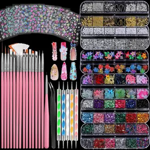 Nail Charms and Nail Brushes, Nail Accessories Kit with 15 Pcs Nail Art Brushes, 6 Box Nail Charms and Gems, 10 Pcs Flower Nail Stickers, 5 Pcs Dotting Tools, Nail Art Kit with Nail Brushfidget toys