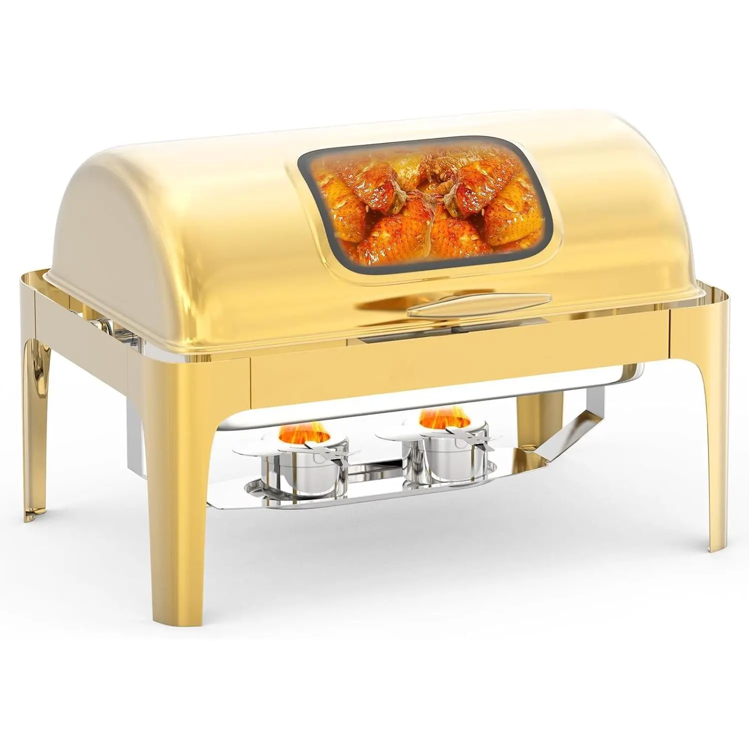 Garvee 9QT Rectangular Stainless Steel Roll Top Chafing Dish with Visible Lid, Water Pan, Stand, Fuel Holder, and Clip - Ideal for Buffets, Parties, Birthdays, Hotels, and Weddings in Elegant Gold Finish