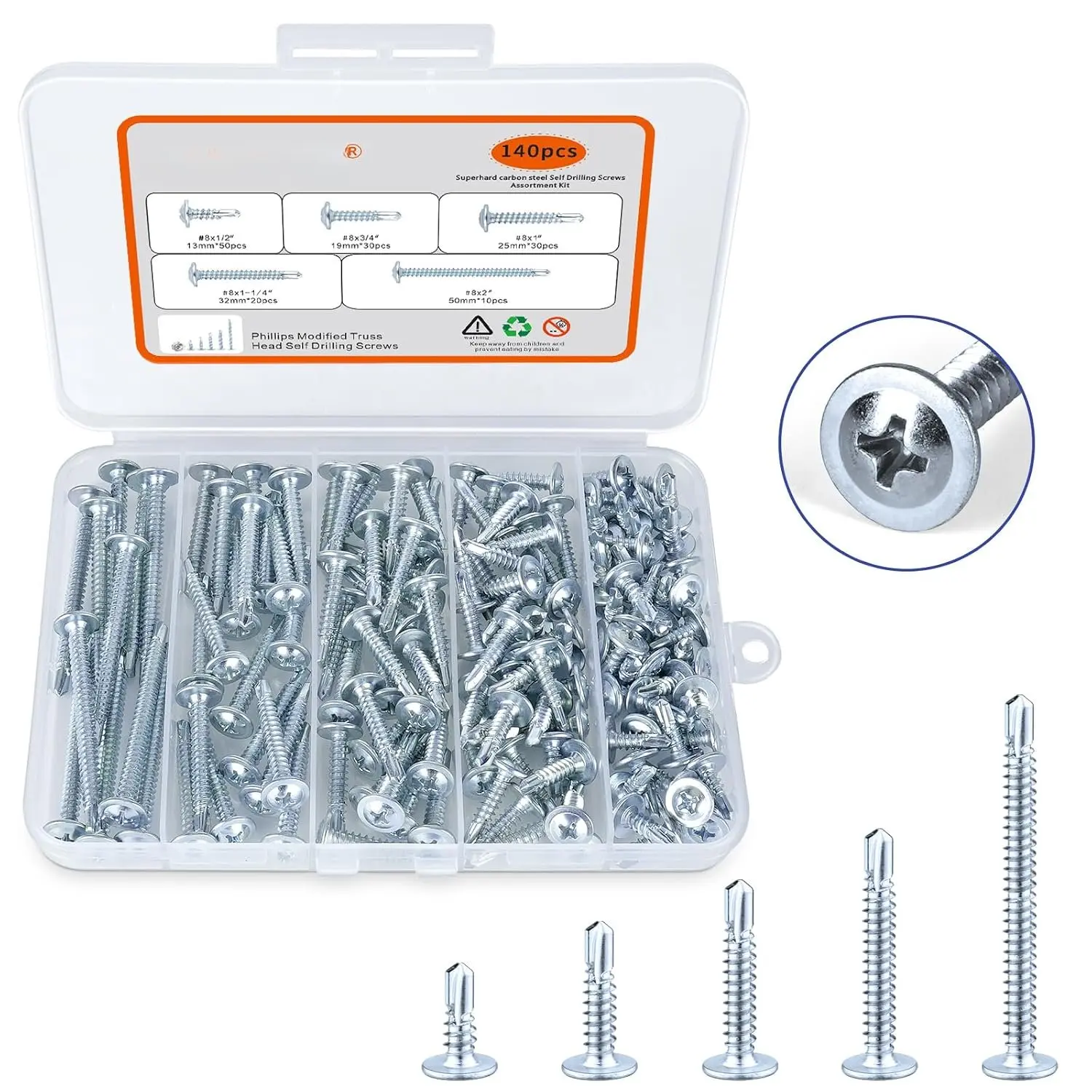 140 count #8 Self Tapping Screws for Metal, Sheet Metal Screws  Kit,  Truss  Zinc-Plated Steel Screws, Includes 5 Size (1/2in, 3/4in, 1-1/4in, 1in, 2in)
