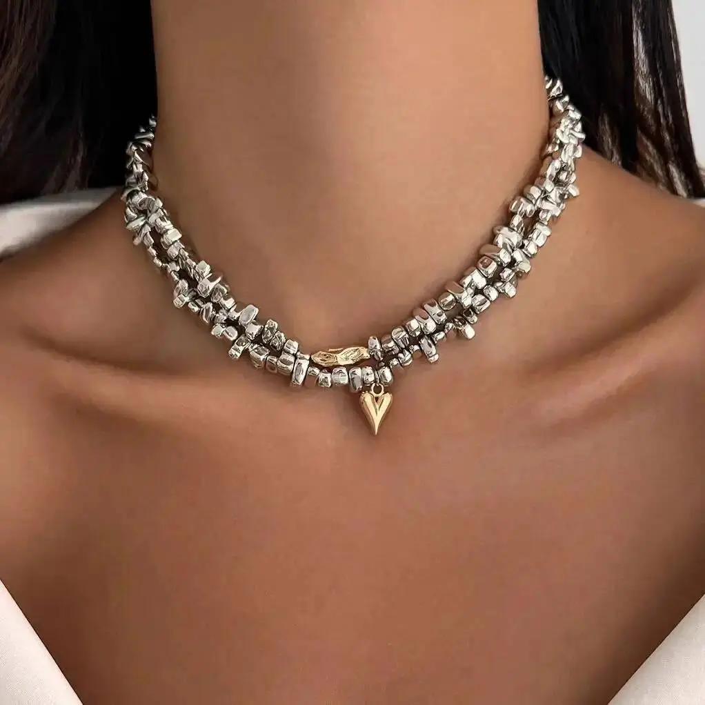 Salircon 2Pcs/set HipHop Irregular CCB Beads Chain Necklace Women Vintage Gold Color Heart Pendant Necklace Jewelry Holiday Gift